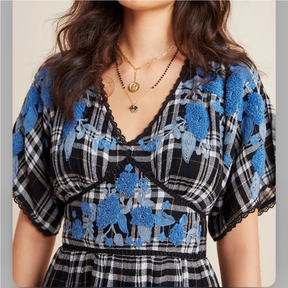Anthropologie Black And White Plaid Dress With Blue Embroidery - Picture 2 of 11